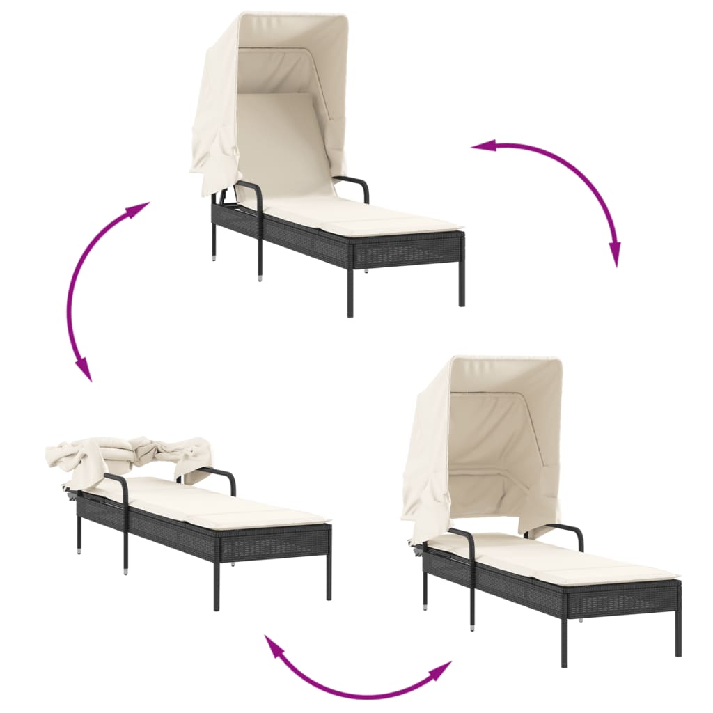 Ligbed met luifel en tafel poly rattan zwart