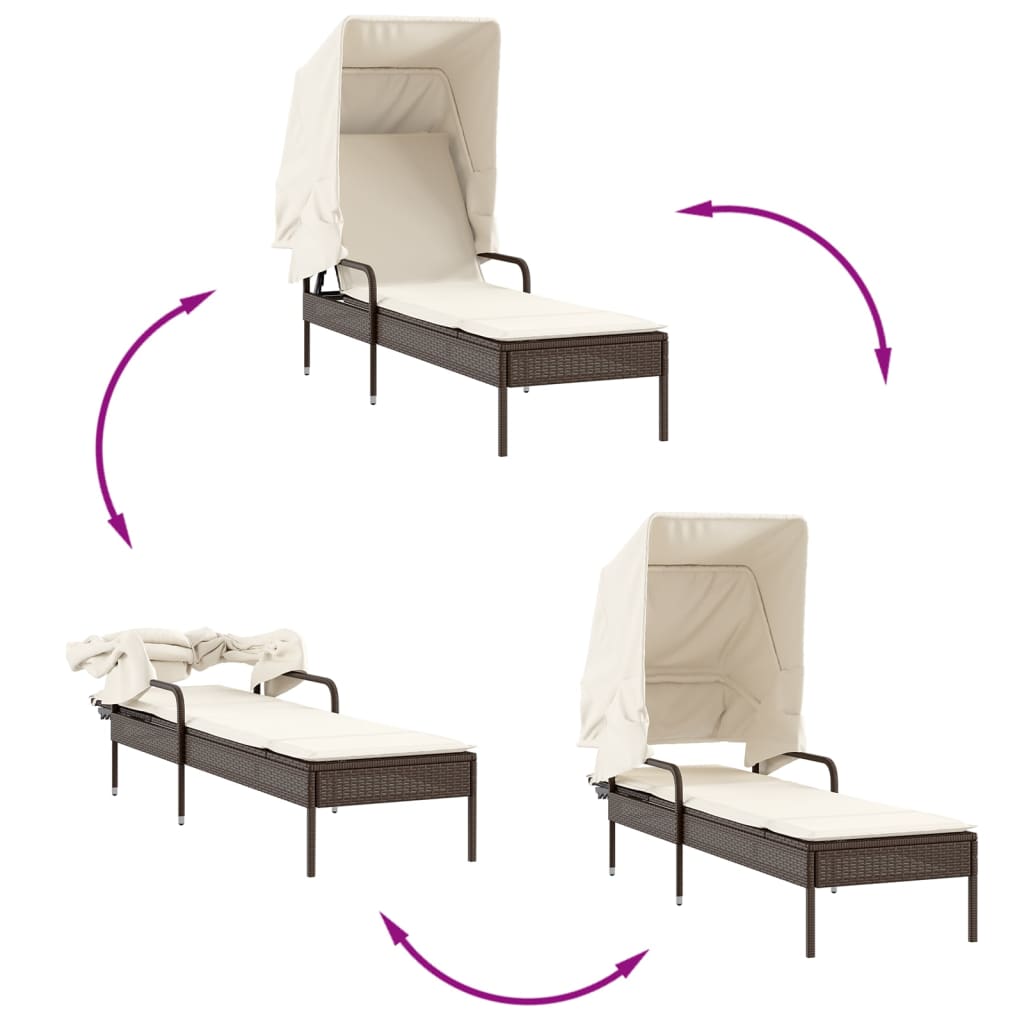 Ligbed met luifel en tafel poly rattan bruin