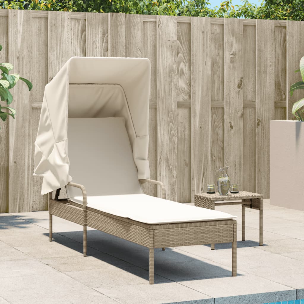 Ligbed met luifel en tafel poly rattan beige