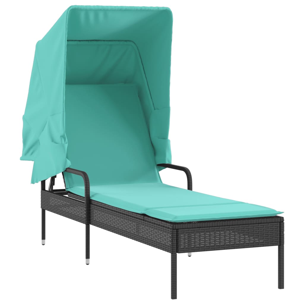Ligstoel met luifel en tafel zwart poly rattan