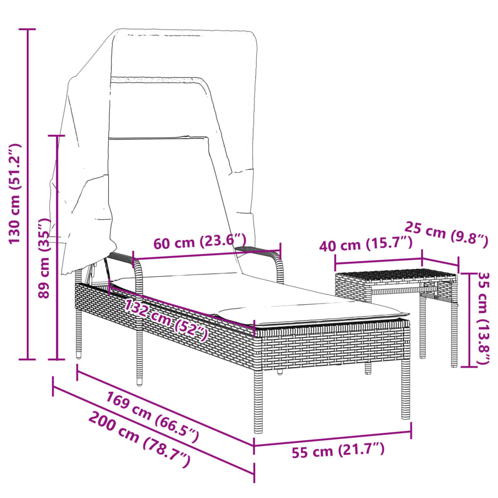Ligstoel met luifel en tafel zwart poly rattan