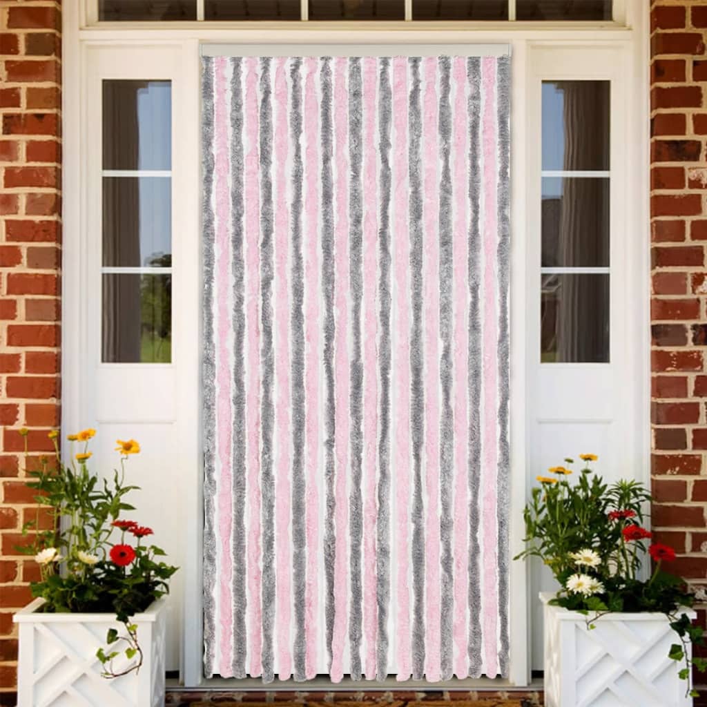 Vliegengordijn 90x220 cm chenille zilvergrijs en roze