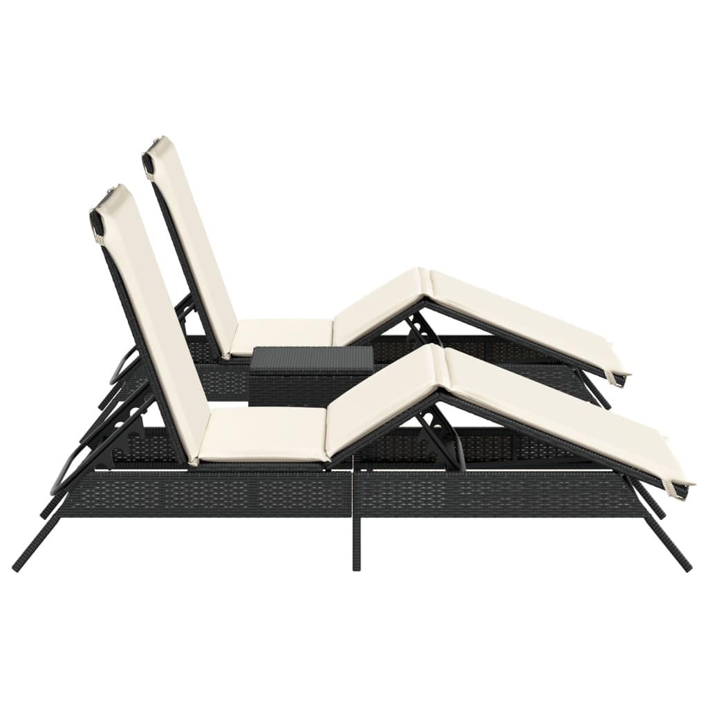 Ligbedden 2 st met tafel poly rattan zwart
