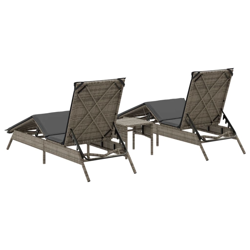 Ligbedden 2 st met tafel poly rattan grijs