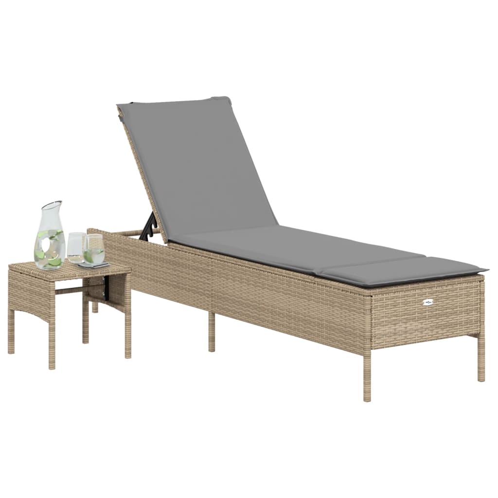 Ligbed met tafel en kussen poly rattan beige