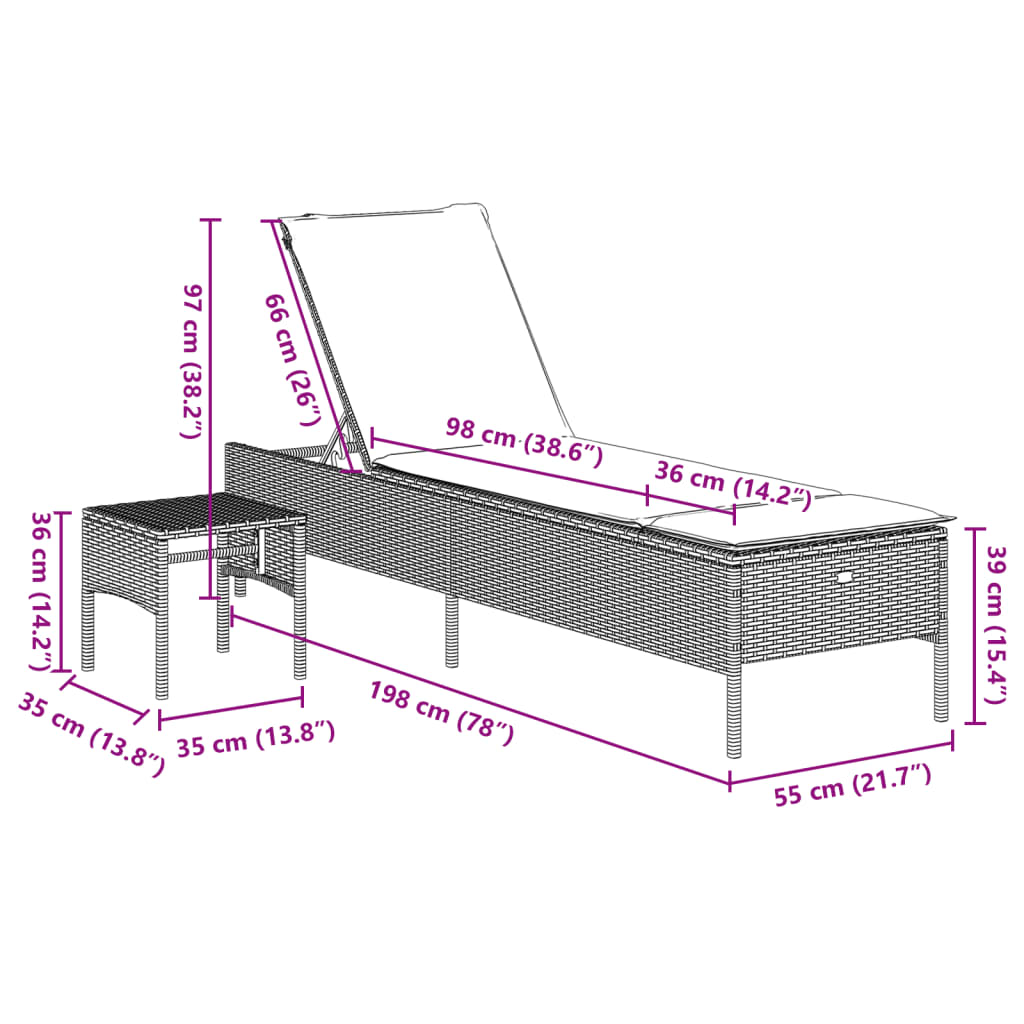 Ligbed met tafel en kussen poly rattan beige