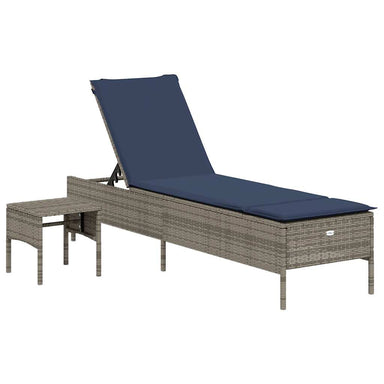 Ligstoel met tafel en kussen, grijs polyrotan