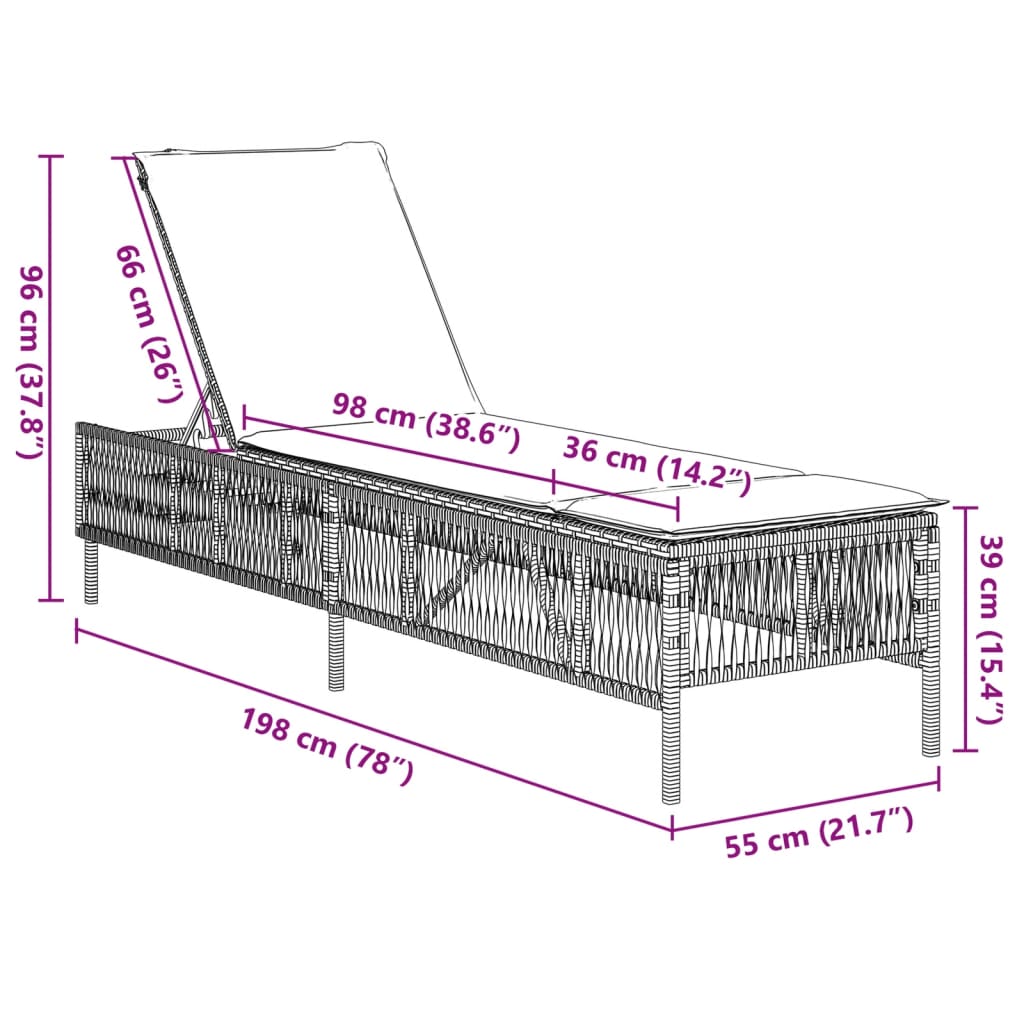 Ligbed met kussen poly rattan grijs