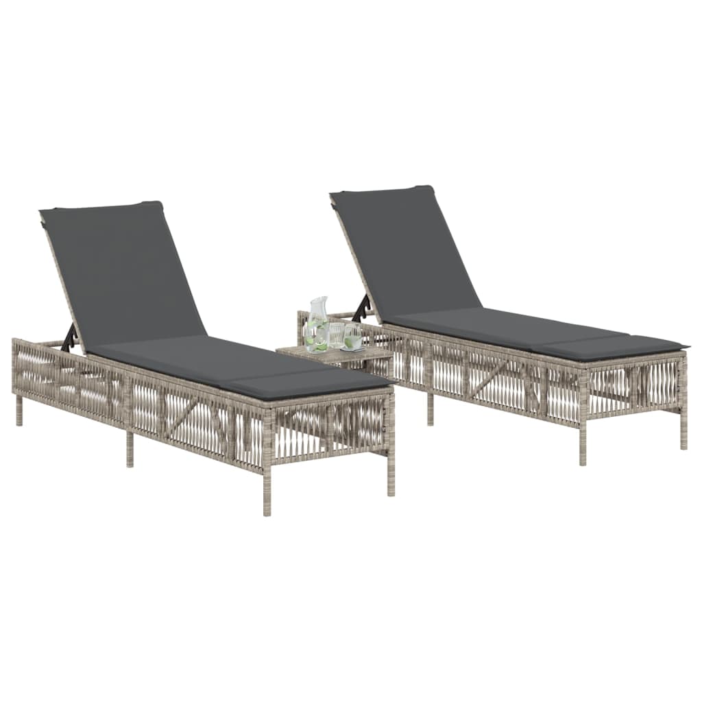 Ligbedden 2 st met tafel poly rattan lichtgrijs