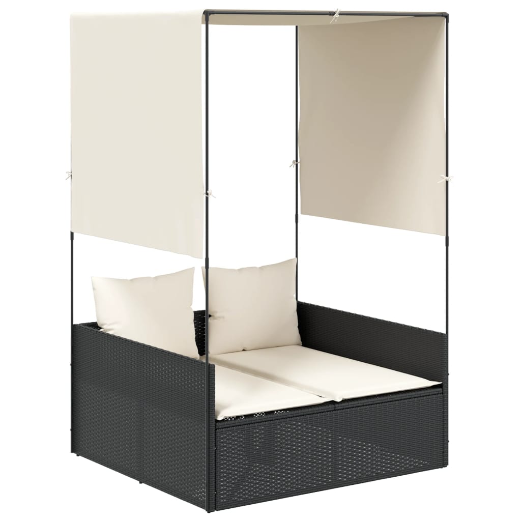 Ligbed tweepersoons met dak en gordijn poly rattan zwart