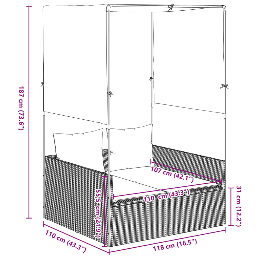 Ligbed tweepersoons met dak en gordijn poly rattan zwart
