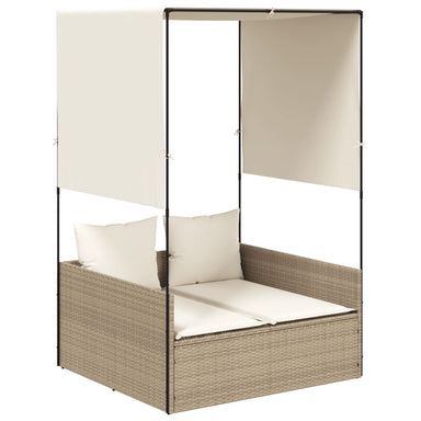 Ligbed tweepersoons met dak en gordijn poly rattan beige
