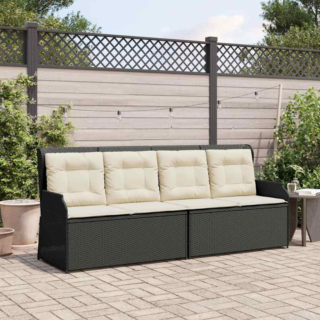Tuinbankje verstelbaar met kussens poly rattan zwart
