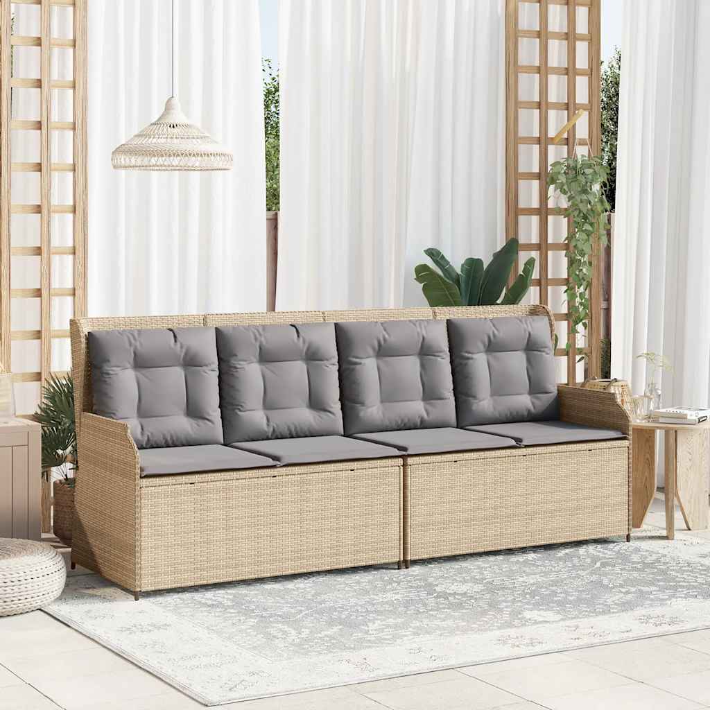 Tuinbankje verstelbaar met kussens poly rattan beige