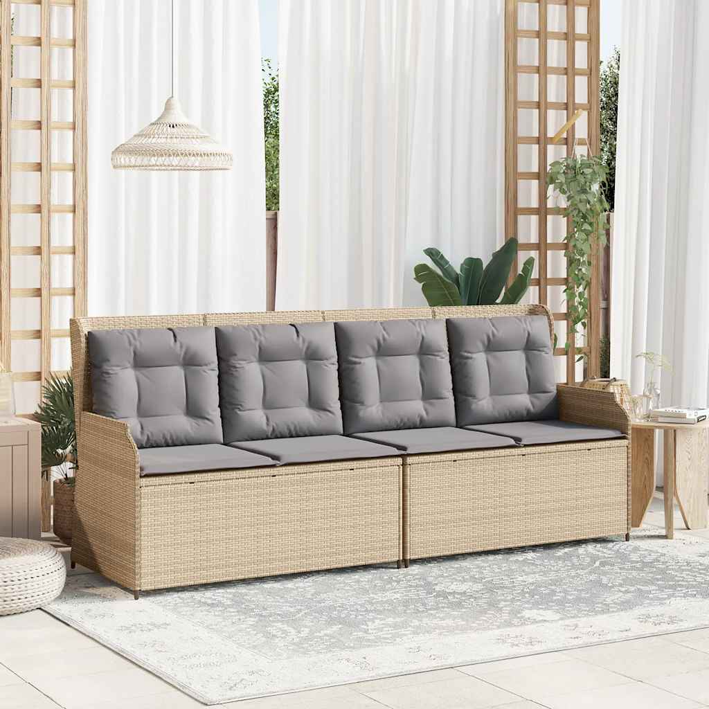 Tuinbankje verstelbaar met kussens poly rattan beige