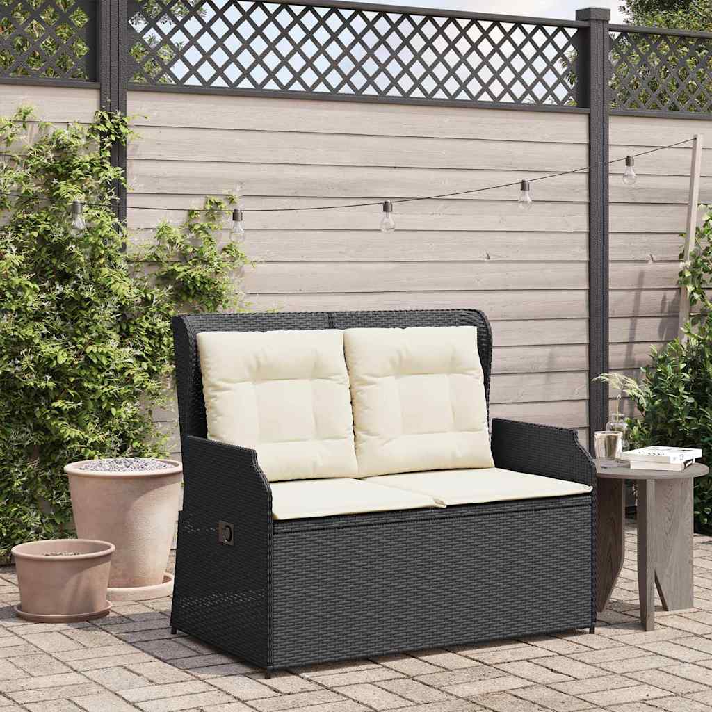Tuinbankje verstelbaar met kussens poly rattan zwart