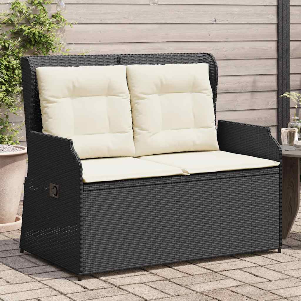 Tuinbankje verstelbaar met kussens poly rattan zwart