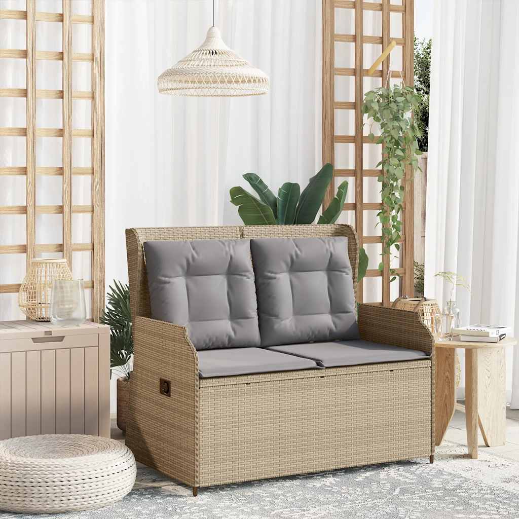 Tuinbankje verstelbaar met kussens poly rattan beige