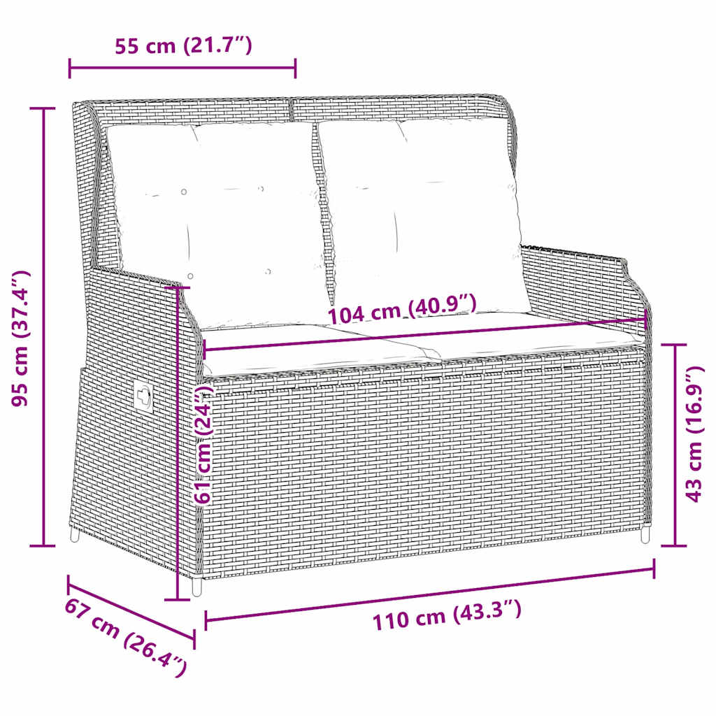 Tuinbankje verstelbaar met kussens poly rattan beige