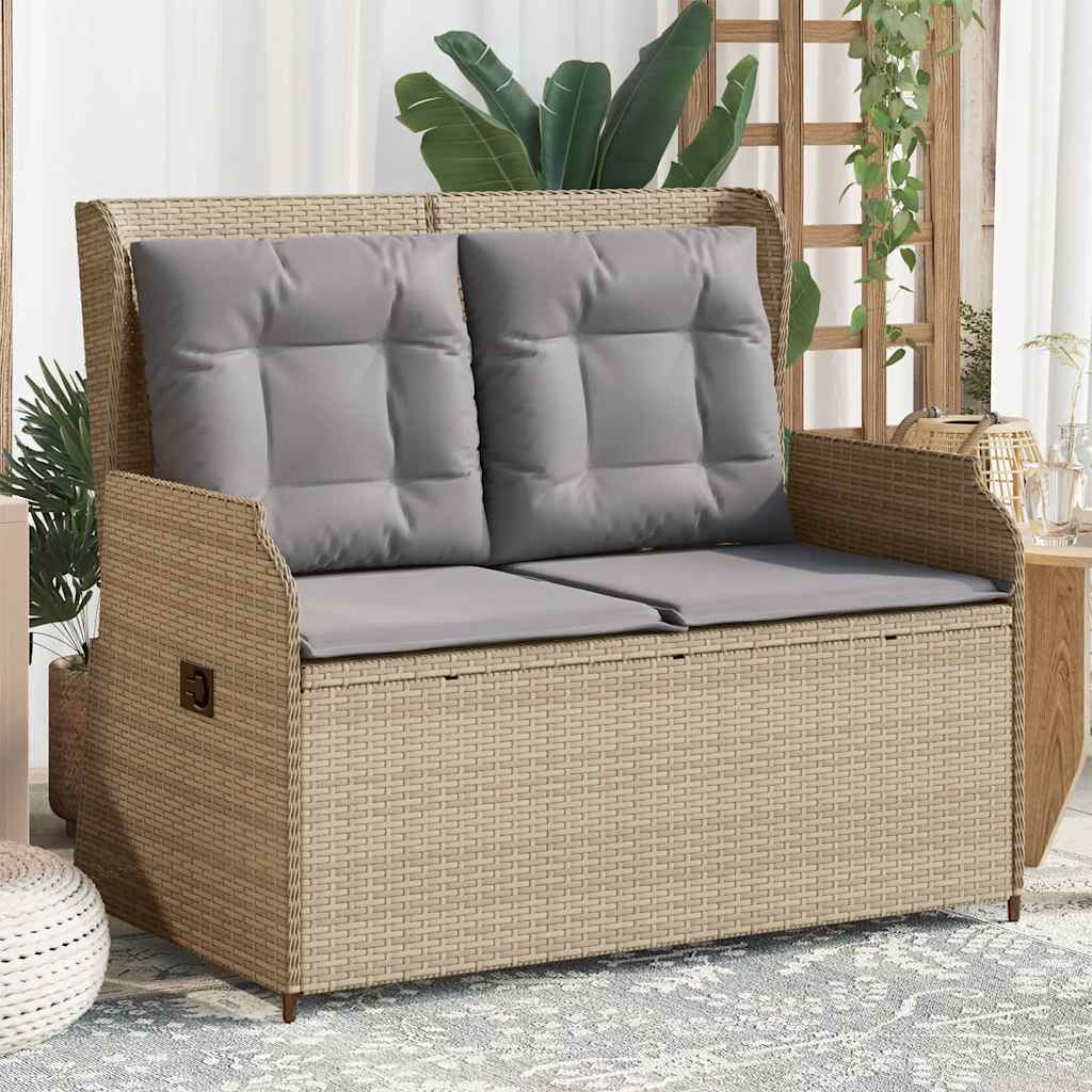 Tuinbankje verstelbaar met kussens poly rattan beige