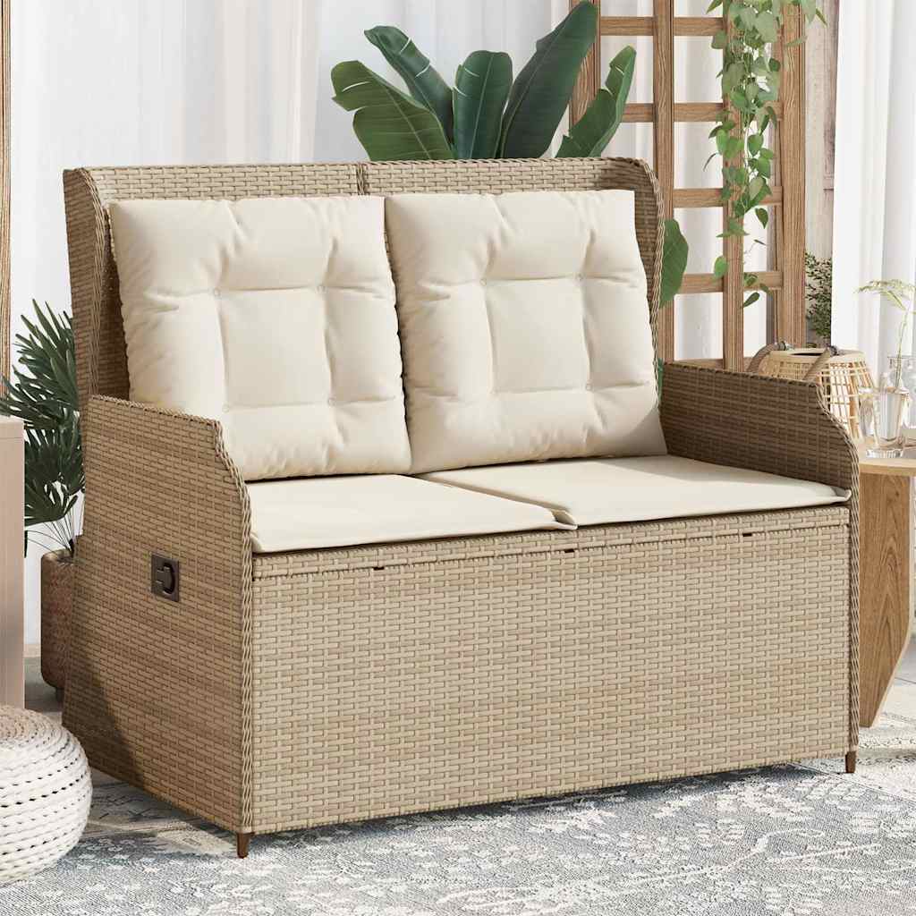 Tuinbankje verstelbaar met kussens poly rattan beige