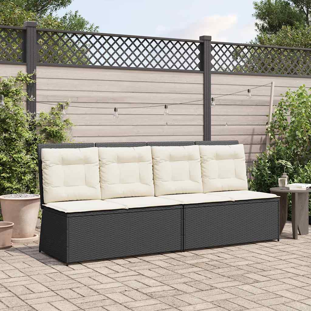 Tuinbankje verstelbaar met kussens poly rattan zwart