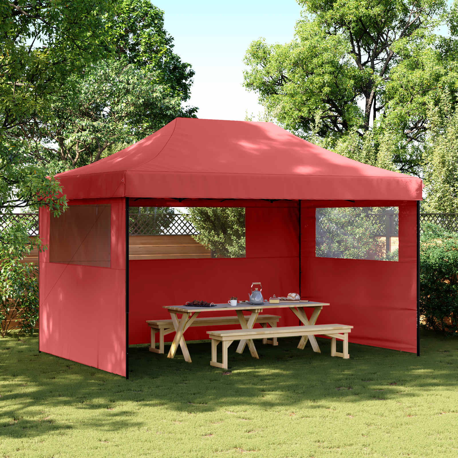 Partytent inklapbaar pop-up met 3 zijwanden bordeauxrood