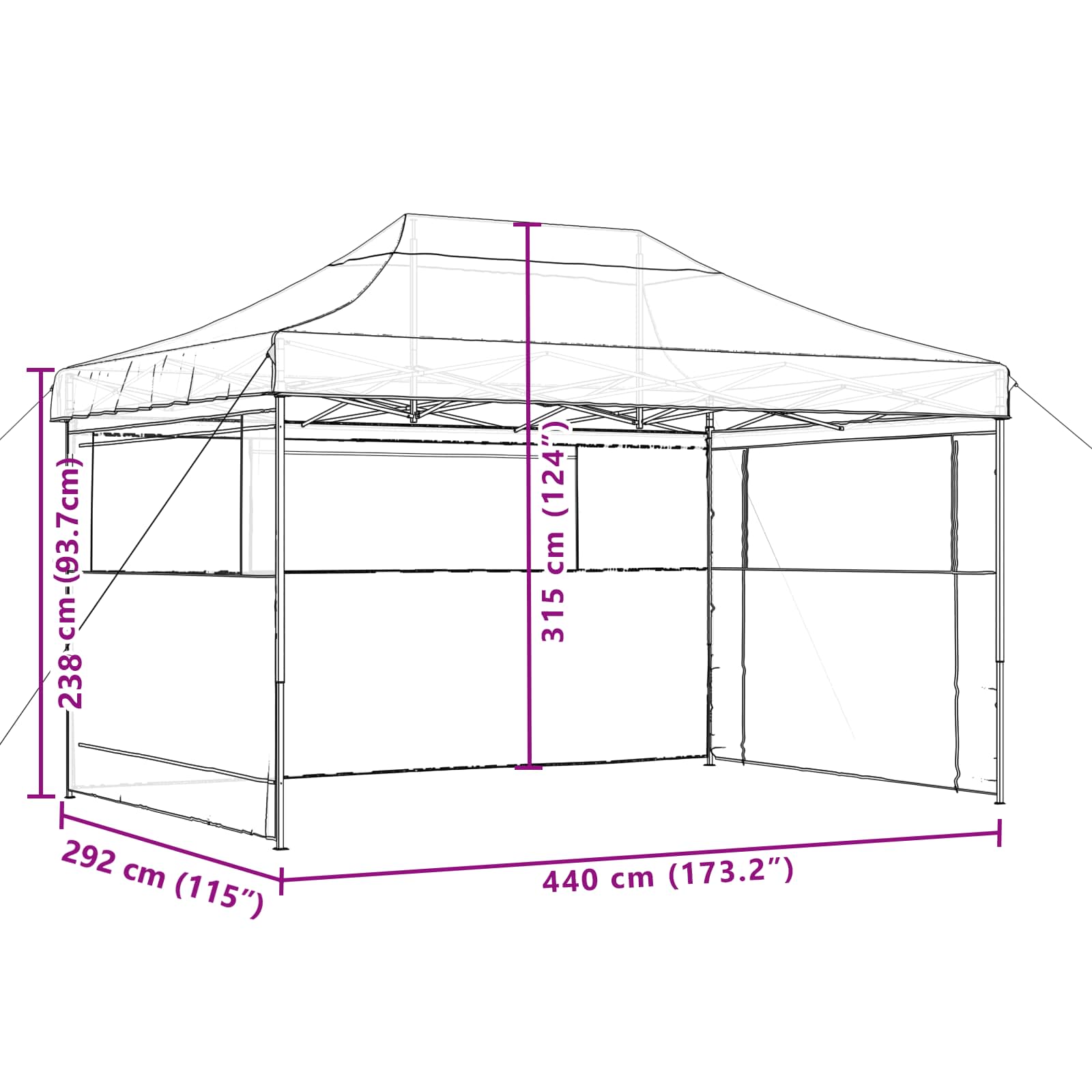 Partytent inklapbaar pop-up met 3 zijwanden bruin