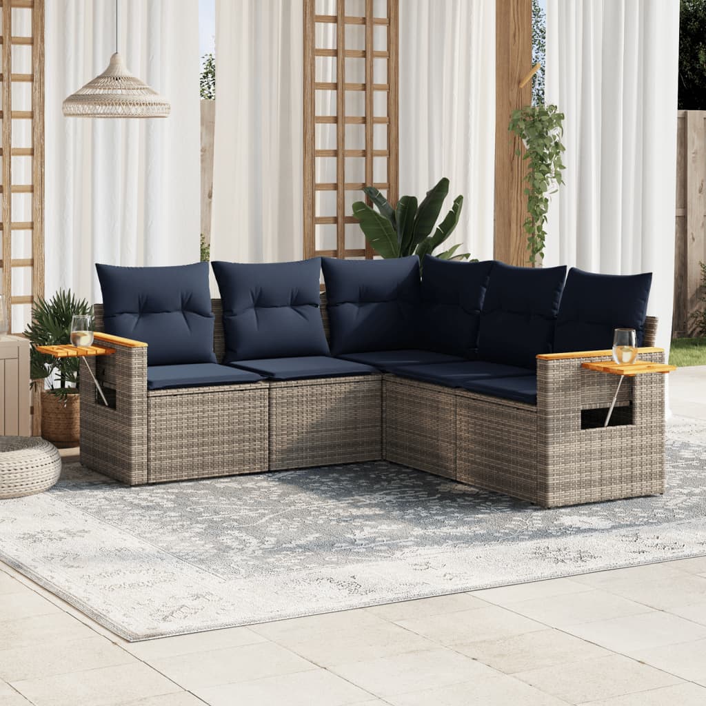5-delige Loungeset met kussens poly rattan grijs