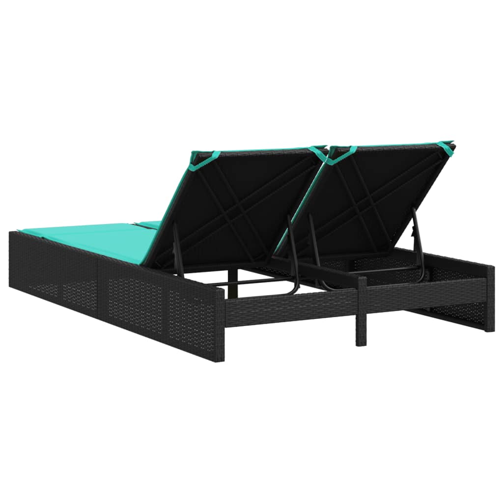Dubbele ligstoel met kussens zwart poly rattan