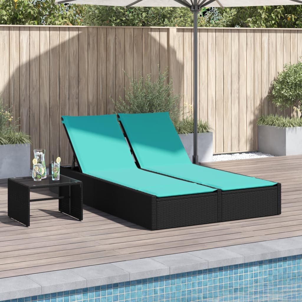 Dubbele ligstoel met kussens zwart poly rattan