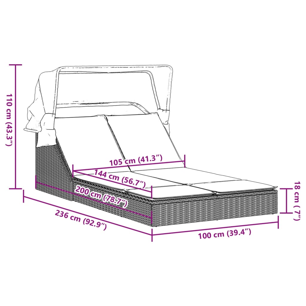 Ligbed 2-persoons met luifel en kussens poly rattan lichtgrijs