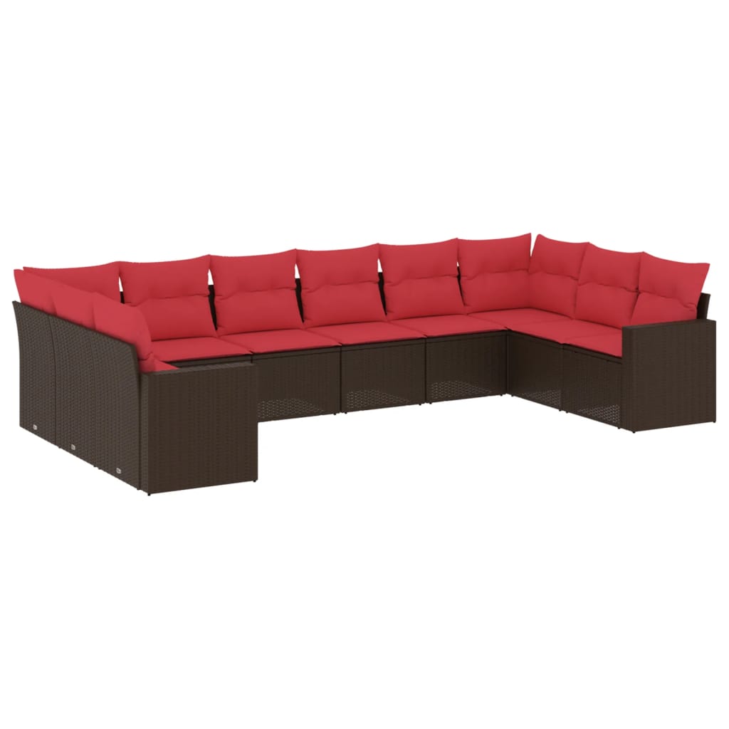 10-delige Loungeset met kussens poly rattan bruin
