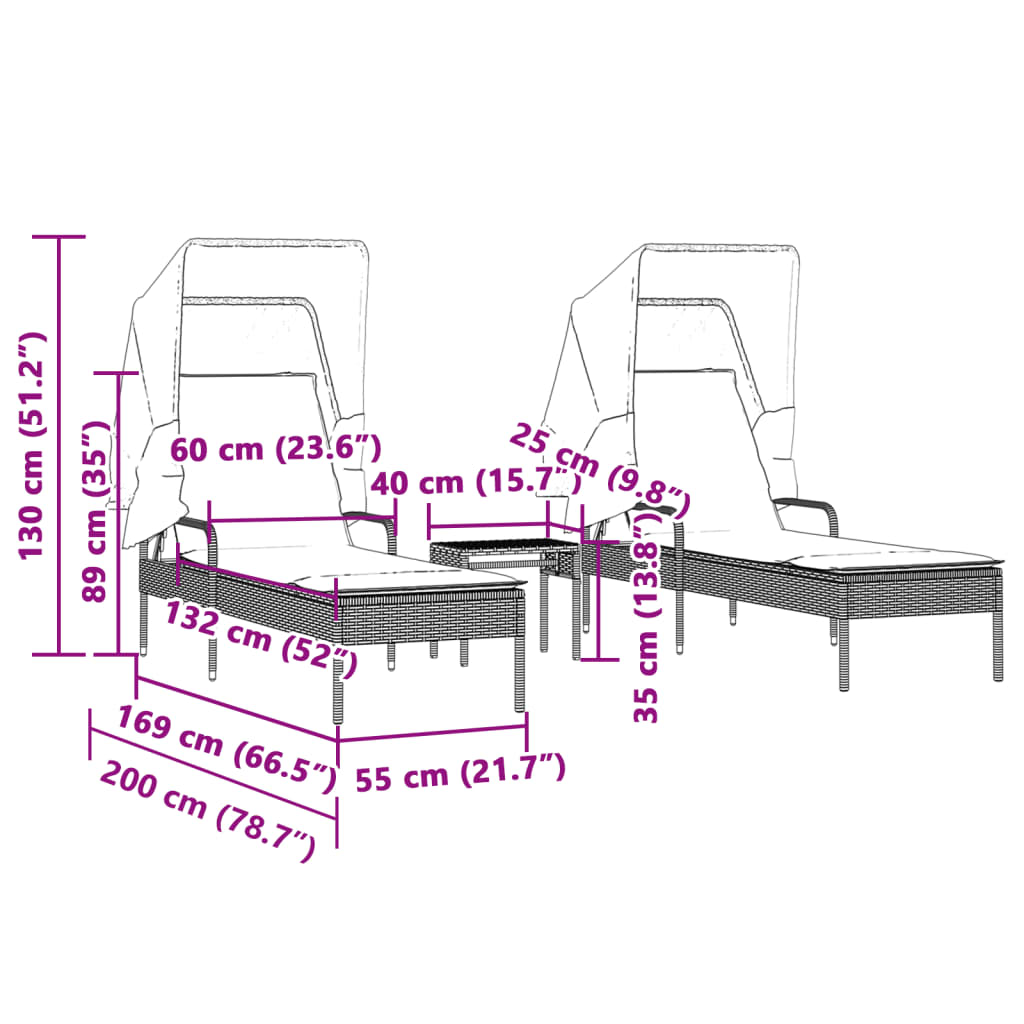 Ligbedden 2 st met luifels en tafel poly rattan bruin