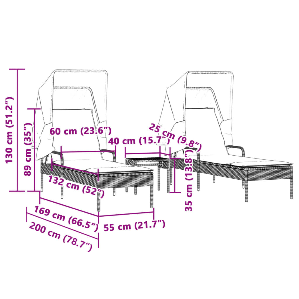 Ligbedden 2 st met luifels en tafel poly rattan grijs