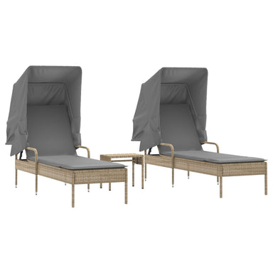 Ligbedden 2 st met luifels en tafel poly rattan beige