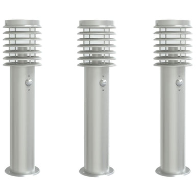 Buitenvloerlampen 3 st met sensors 60 cm roestvrijstaal zilver