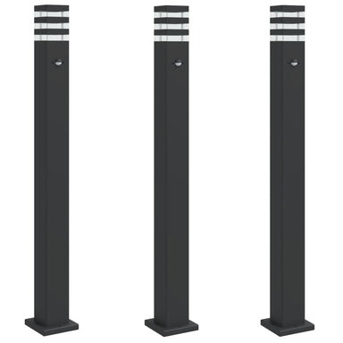 Vloerlampen voor buiten 3 st met sensor 110 cm aluminium zwart