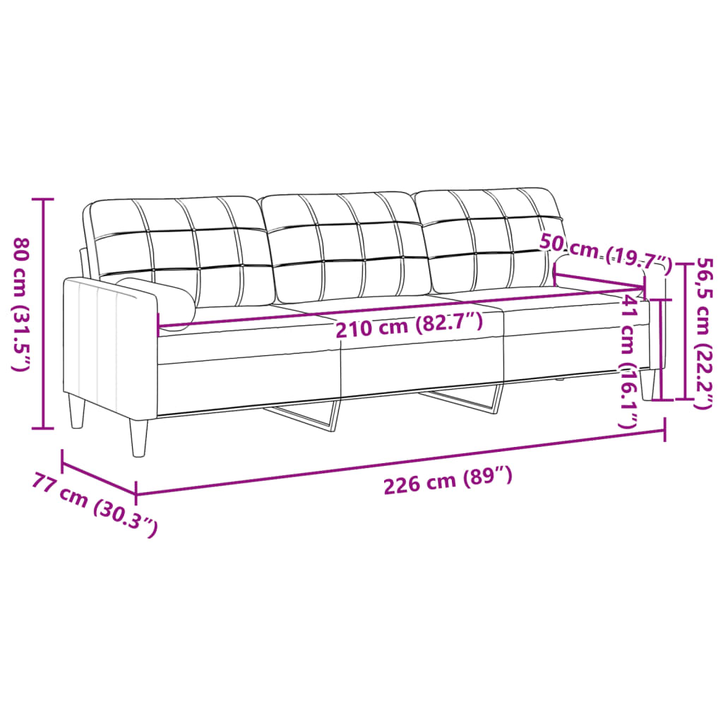 3-zitsbank met sierkussens 210 cm stof crèmekleurig