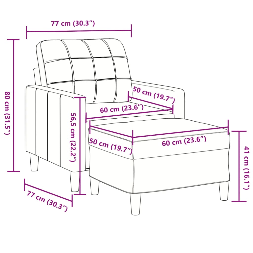 Fauteuil met voetenbank 60 cm fluweel crèmekleurig