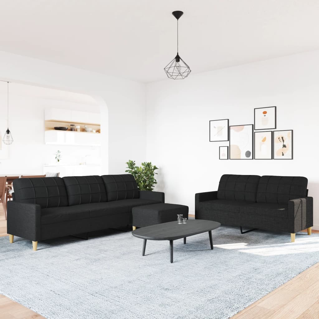 3-delige Loungeset met voetenbank stof zwart