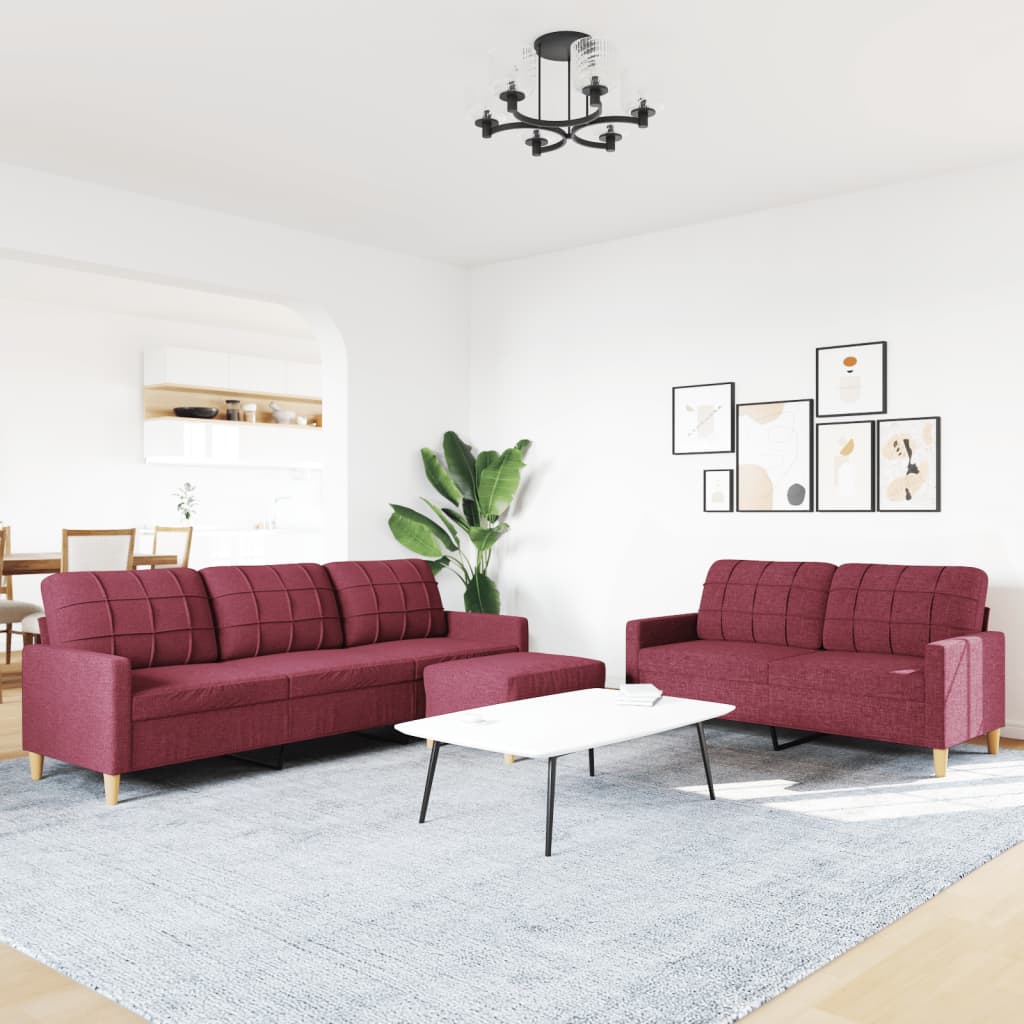 3-delige Loungeset met voetenbank stof wijnrood