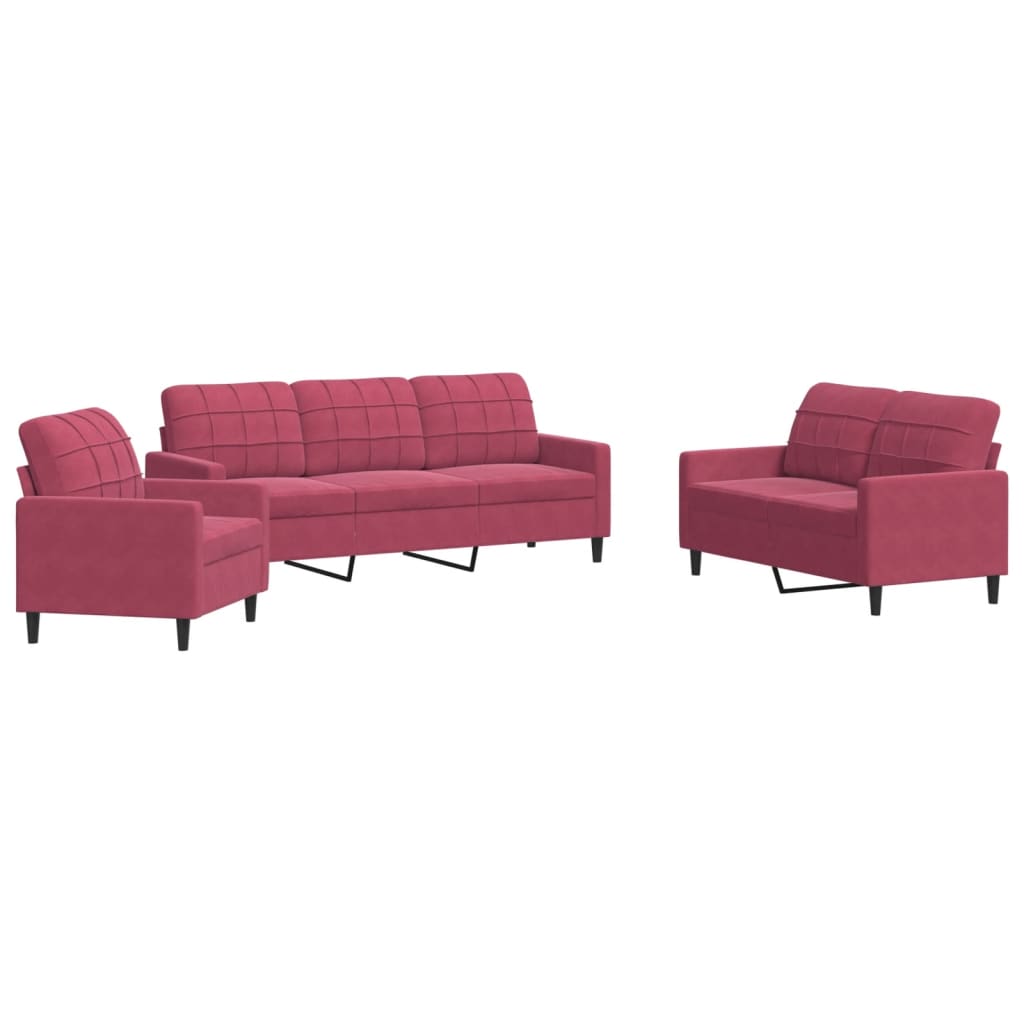 3-delige Loungeset met kussens fluweel wijnrood