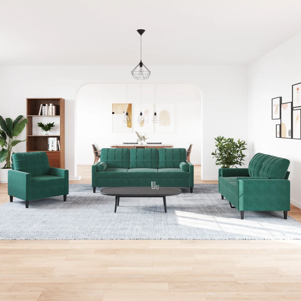 3-delige Loungeset met kussens en bolsters fluweel donkergroen