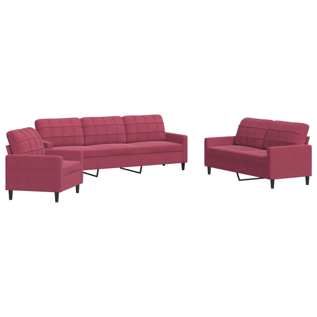 3-delige Loungeset met kussens fluweel wijnrood