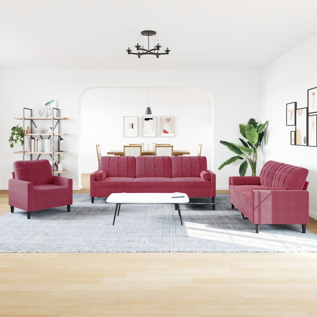 3-delige Loungeset met kussens en bolsters fluweel wijnrood