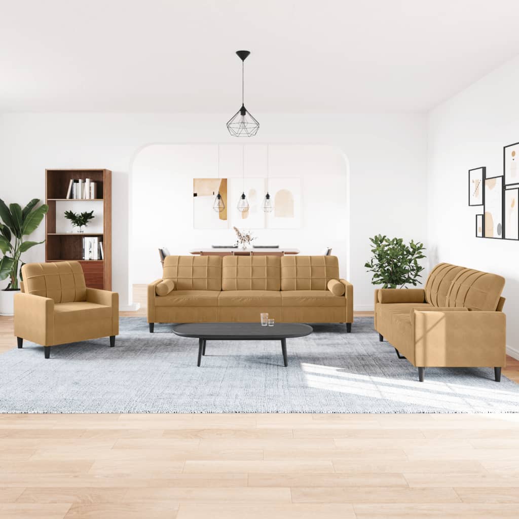 3-delige Loungeset met kussens en bolsters fluweel bruin