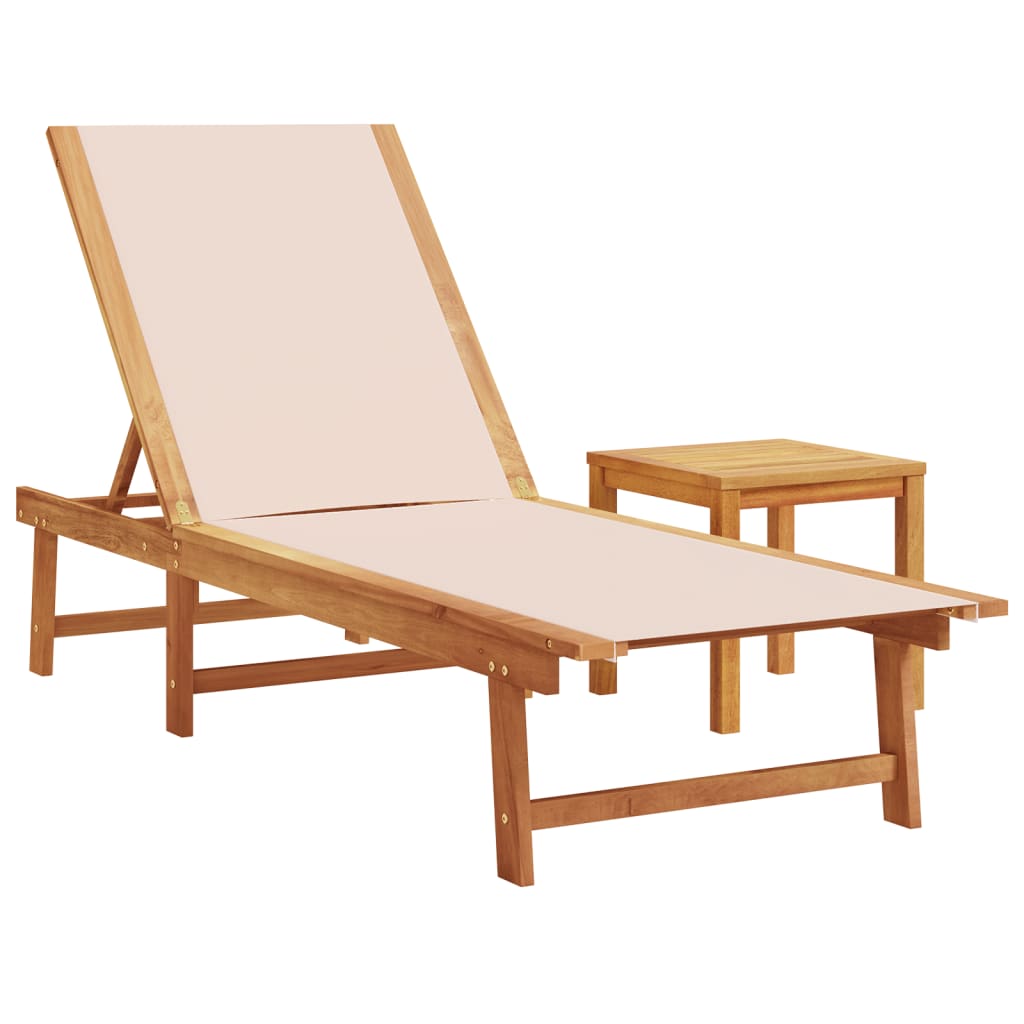 Ligbed met tafel massief acaciahout en textileen crèmekleurig