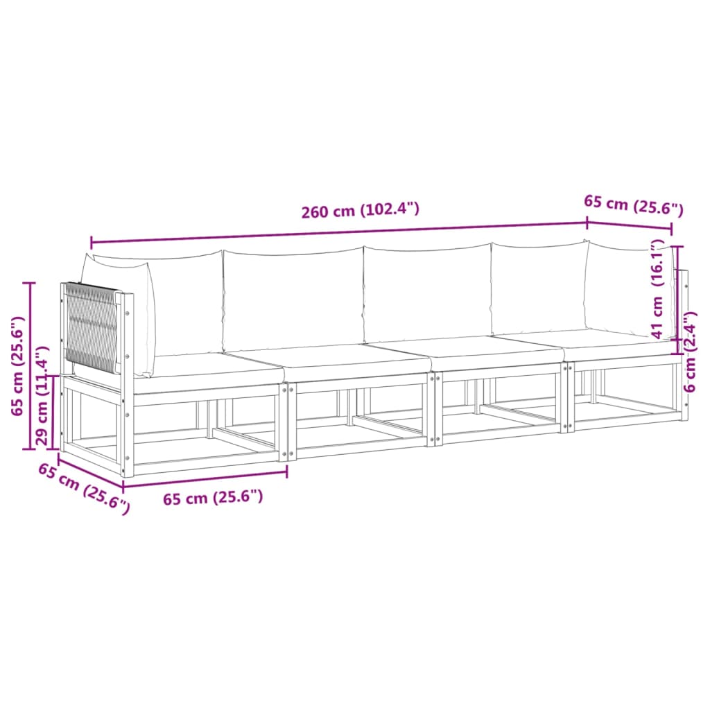4-delige tuinbankset met kussens acaciahout & touw