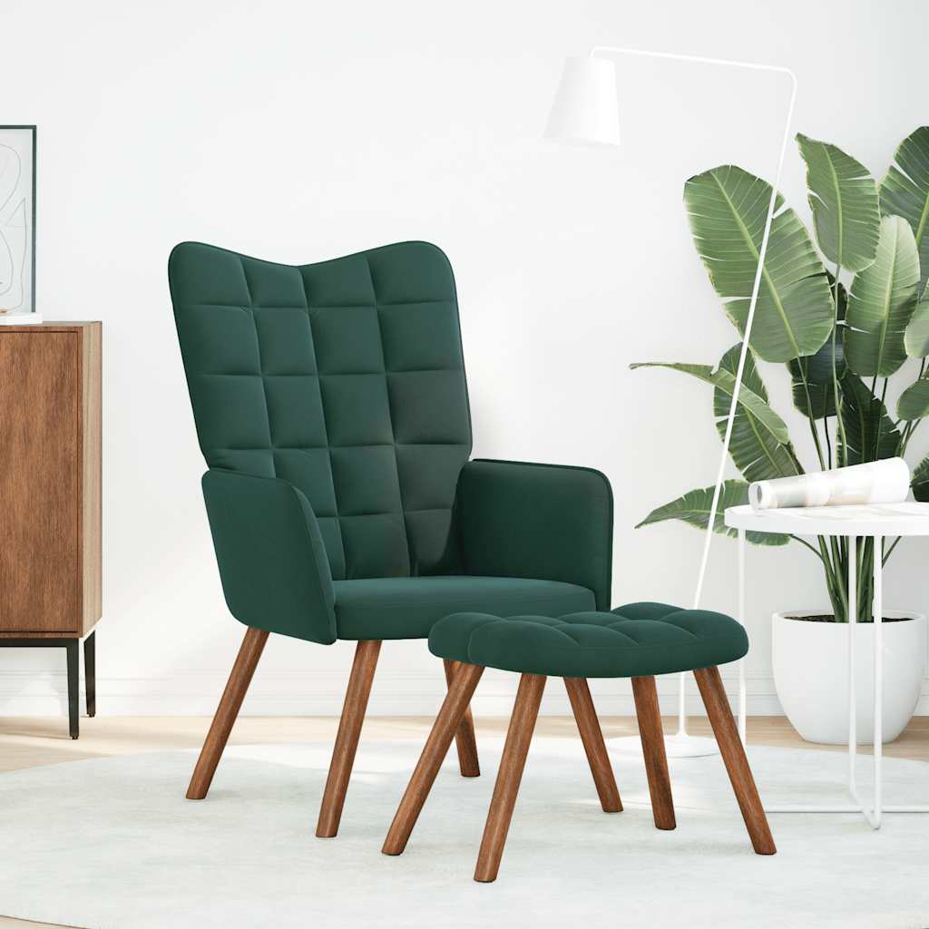 Relaxstoel met kruk donkergroen fluweel
